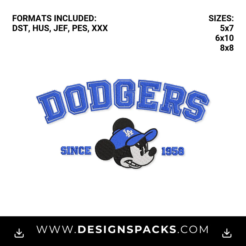 LA Dodgers Mickey Mouse Since 1958 Embroidery Design - Instant digital download pattern at Designspacks.com