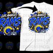 Los Angeles Rams graphic with helmet and crown on a white t-shirt.