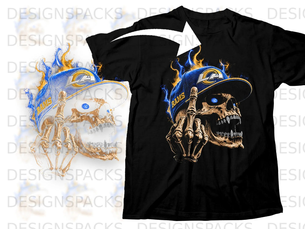 Black t-shirt with a flaming skull wearing a Rams hat and giving the middle finger.