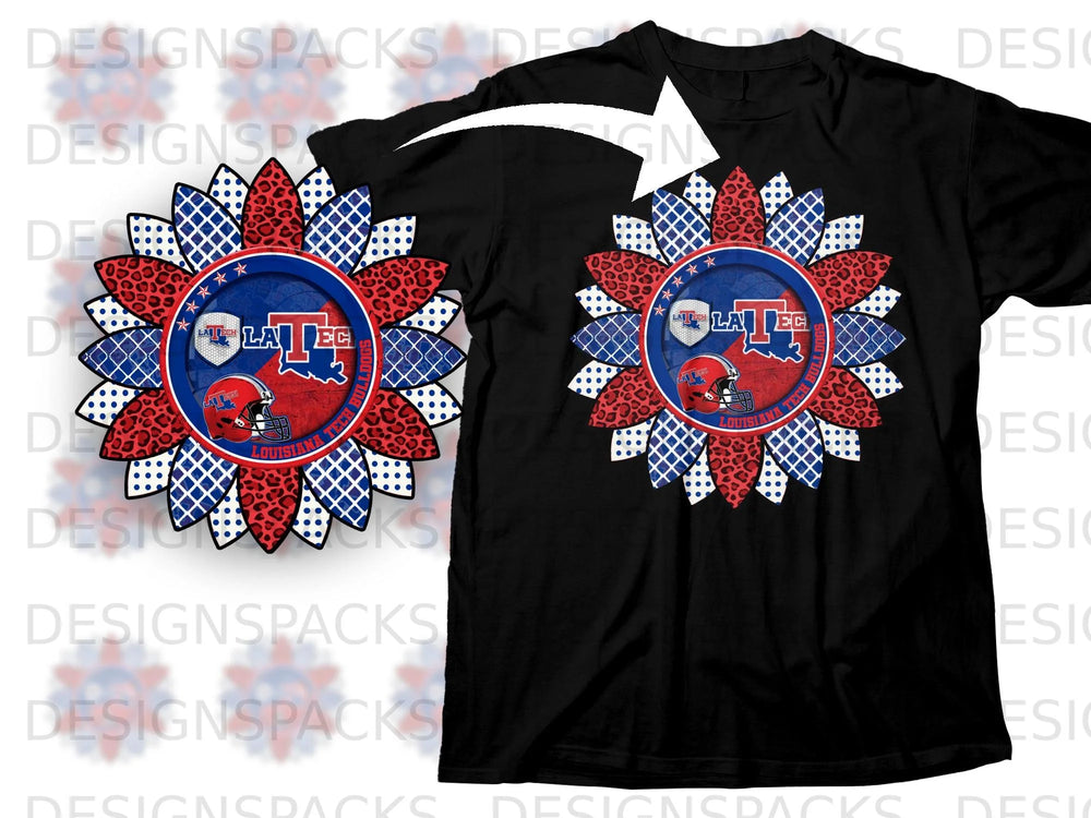 Black t-shirt featuring a sunflower design with Louisiana Tech Bulldogs logo details.