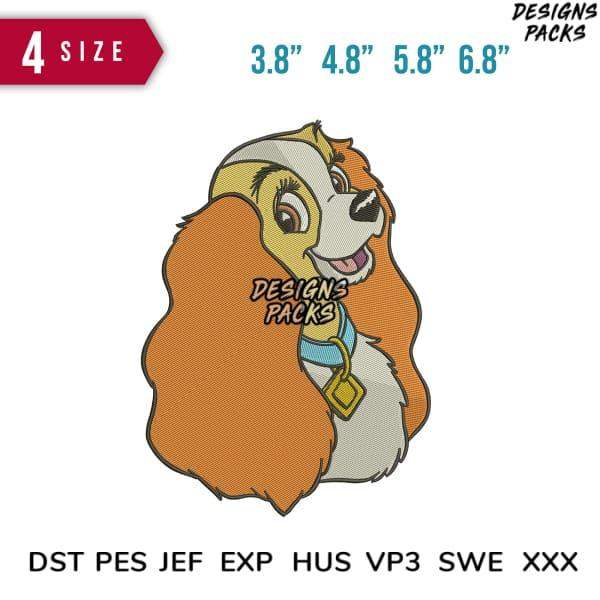 Lady from Lady and the Tramp embroidery design in 4 sizes, DST PES JEF formats for machine embroidery