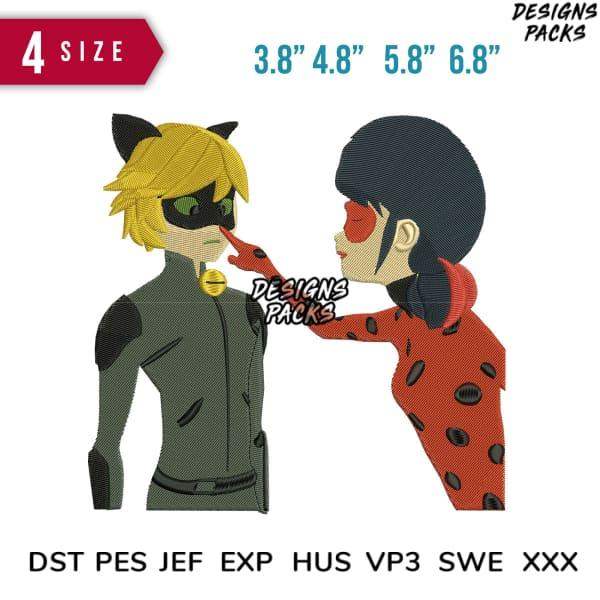 Miraculous Ladybug and Cat Noir embroidery design in 4 sizes, DST PES JEF formats for instant download