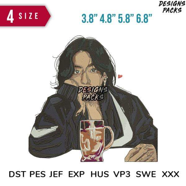Embroidery design of anime-style person with coffee mug, 4 sizes, DST PES formats