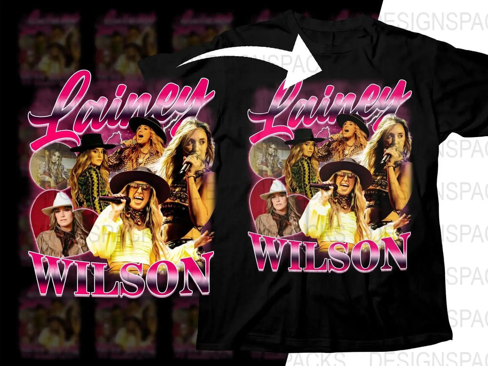 Lainey Wilson concert t-shirt design with vibrant pink text and multiple performance images