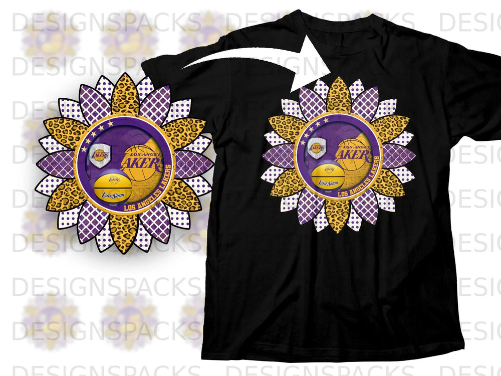 Black t-shirt featuring a sunflower graphic with Los Angeles Lakers logos and patterns.