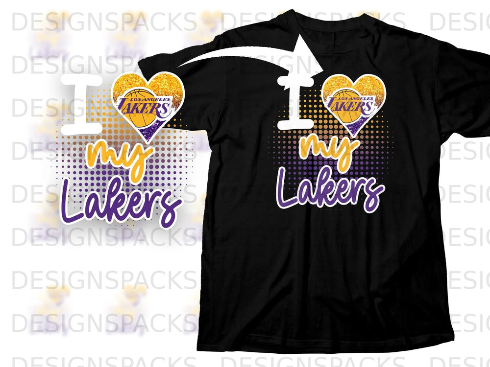 Black t-shirt with "I Love My Lakers" text and Los Angeles Lakers logo.