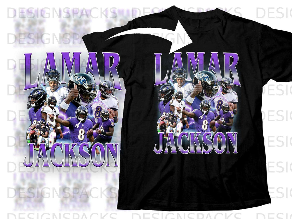 Lamar Jackson Ravens player collage on black t-shirt.