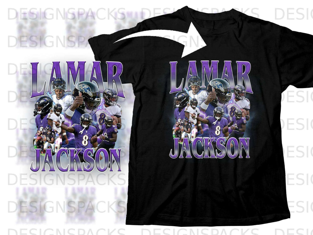 Baltimore Ravens Lamar Jackson graphic t-shirt with player images.