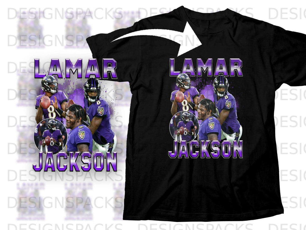 Black t-shirt with Lamar Jackson graphic and text "LAMAR JACKSON".