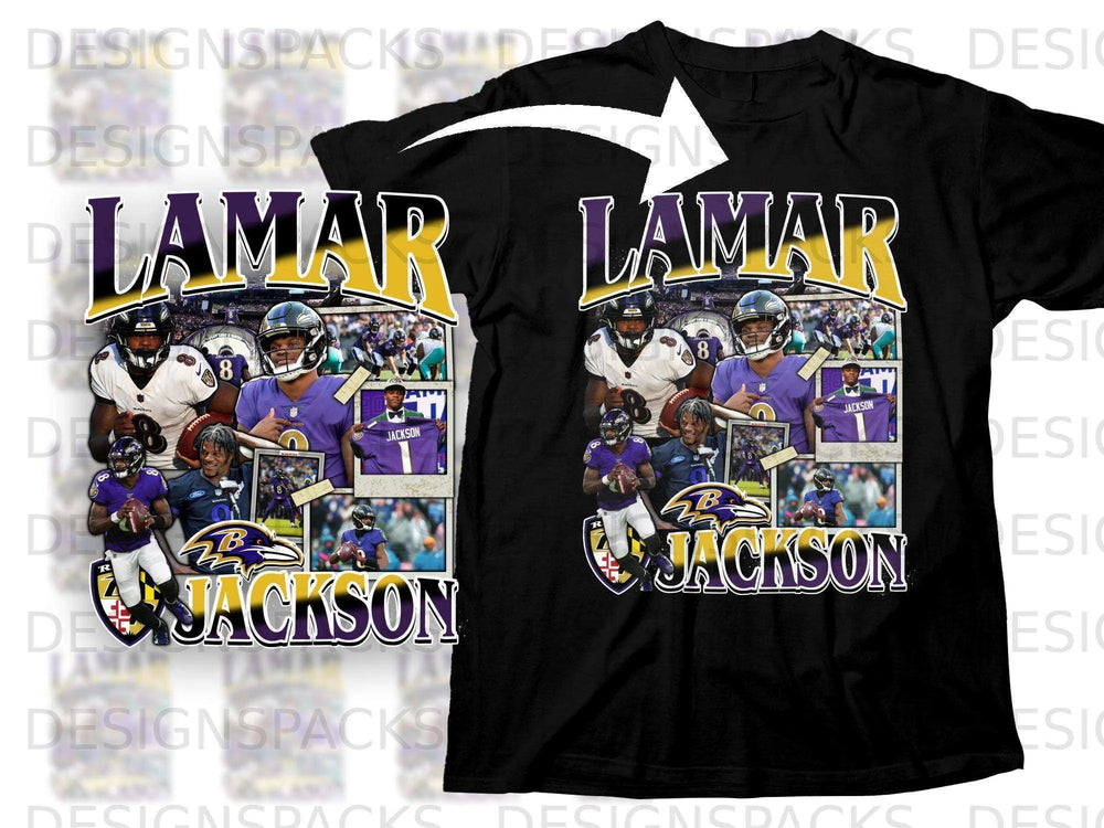 Black t-shirt with Lamar Jackson and Ravens logo designs.