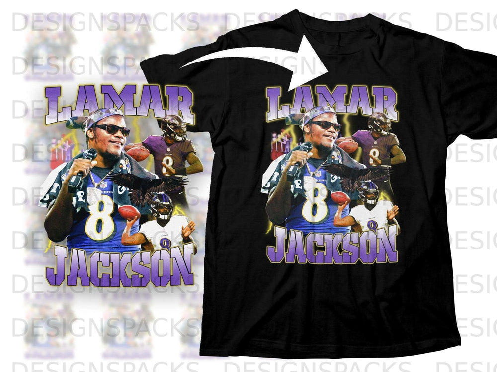 Lamar Jackson Baltimore Ravens t-shirt design with football player and team logo.