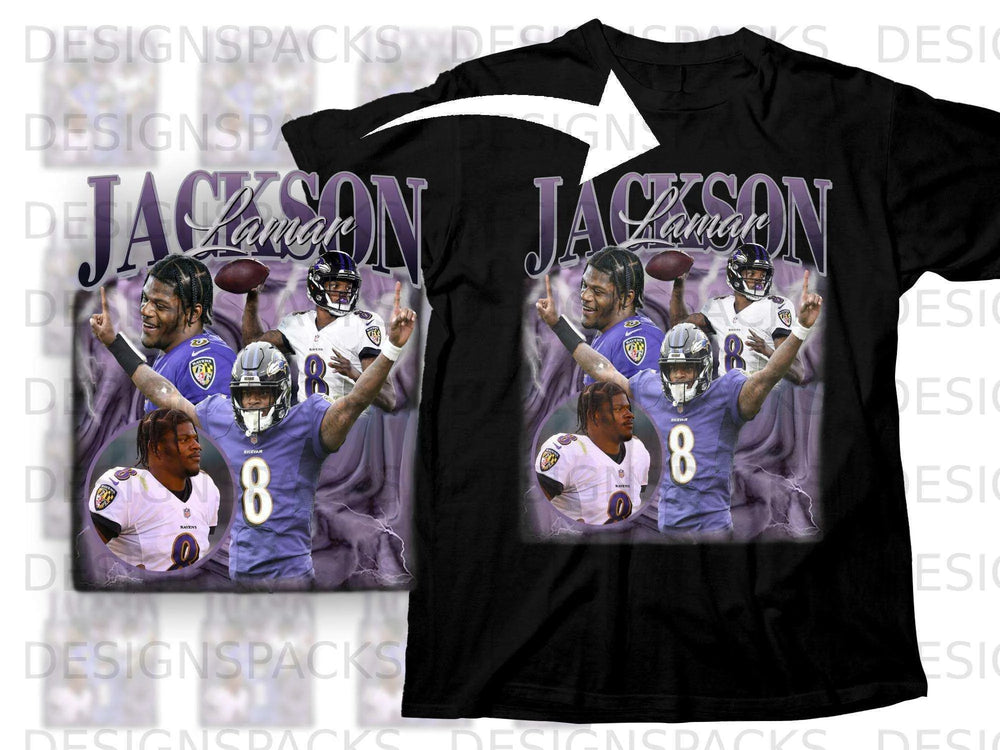 Black t-shirt with Lamar Jackson graphic, "Jackson" text, and Ravens logo.