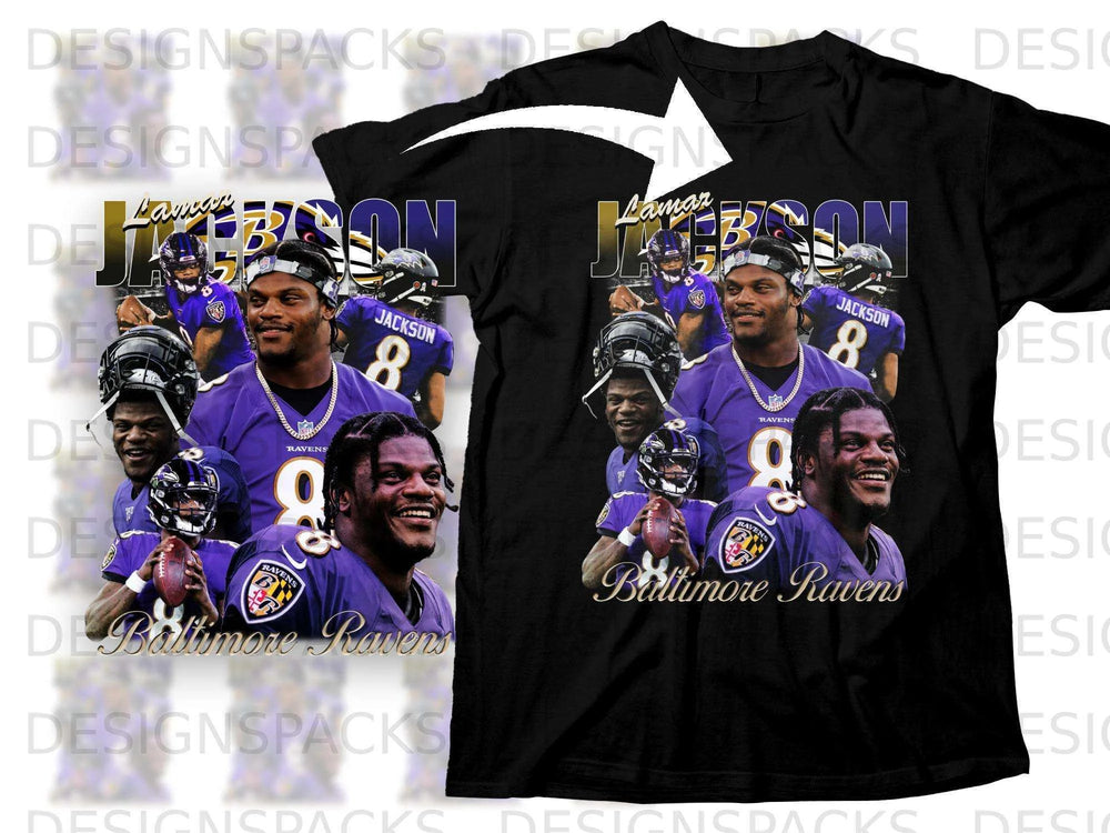 Lamar Jackson on Baltimore Ravens t-shirt with "Baltimore Ravens" text.