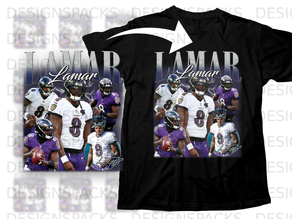 Lamar Jackson Ravens t-shirt with player images and "Lamar" text.