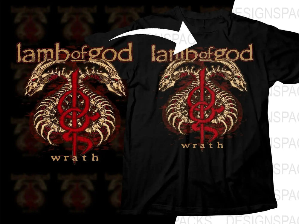 Lamb of God Wrath band t-shirt design with dual skeletal dragons and red logo, print-ready for DTG or DTF.
