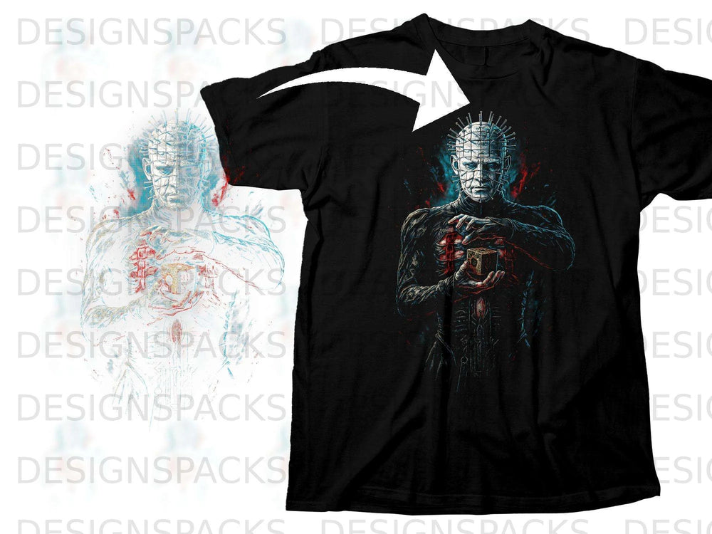 Black t-shirt featuring a detailed graphic of Pinhead from Hellraiser holding a puzzle box.