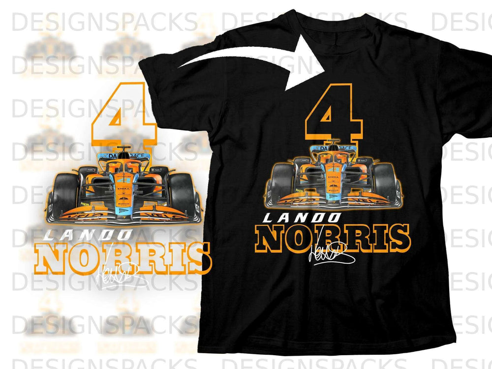 Black t-shirt featuring the McLaren MCL36 F1 car and Lando Norris.