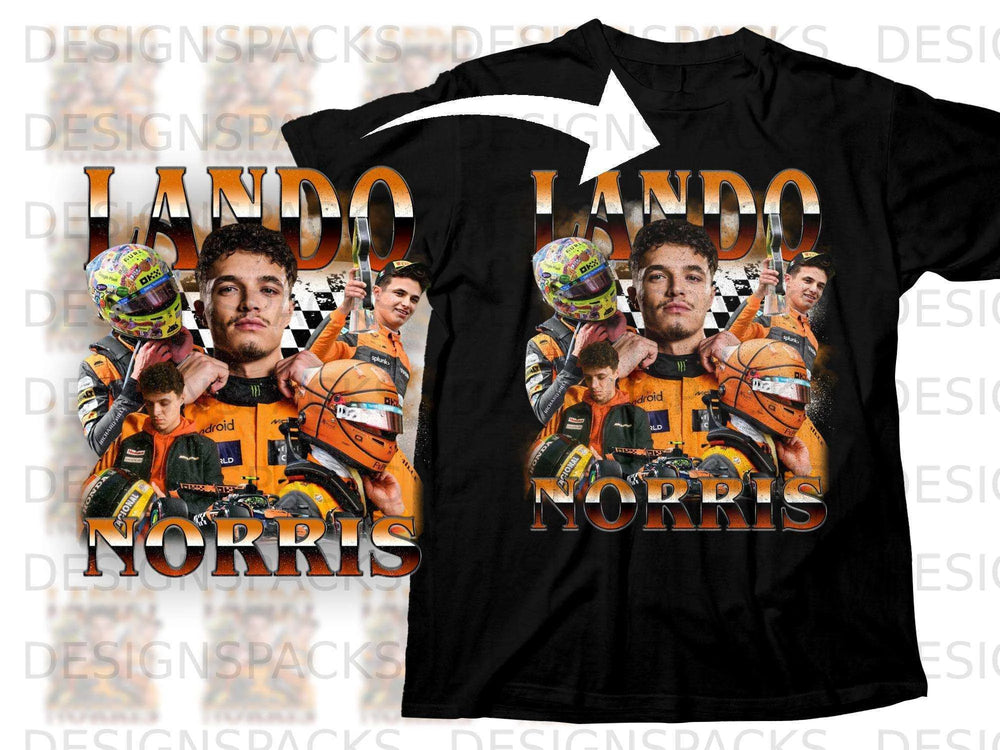 Lando Norris t-shirt design with driver photos and racing logos.