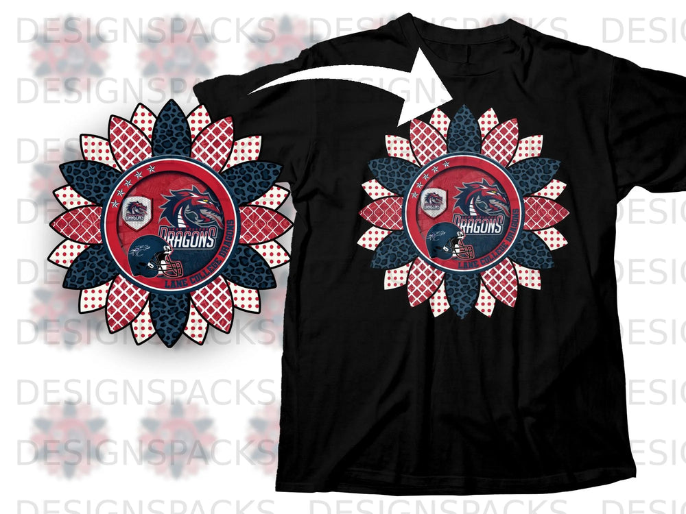 Black t-shirt with a floral design featuring a dragon and "Lane College Dragons" text.