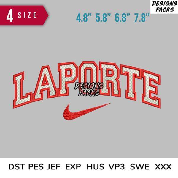 Laporte varsity-style embroidery design in red and white, 4 sizes, compatible with DST PES JEF formats