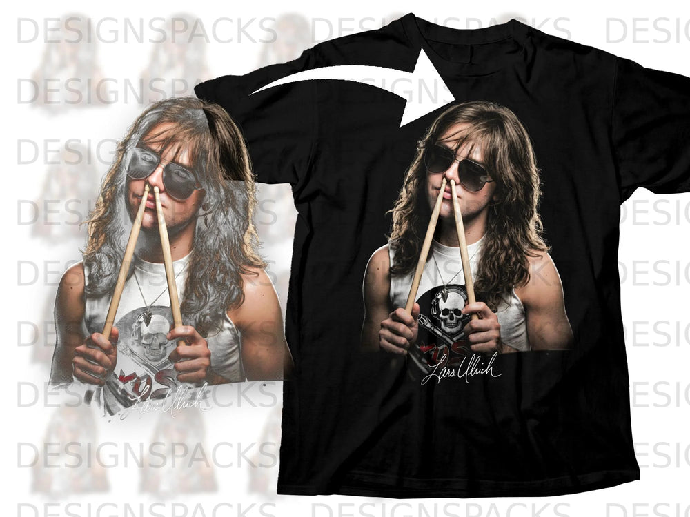 Black t-shirt featuring Lars Ulrich holding drumsticks with a skull graphic.