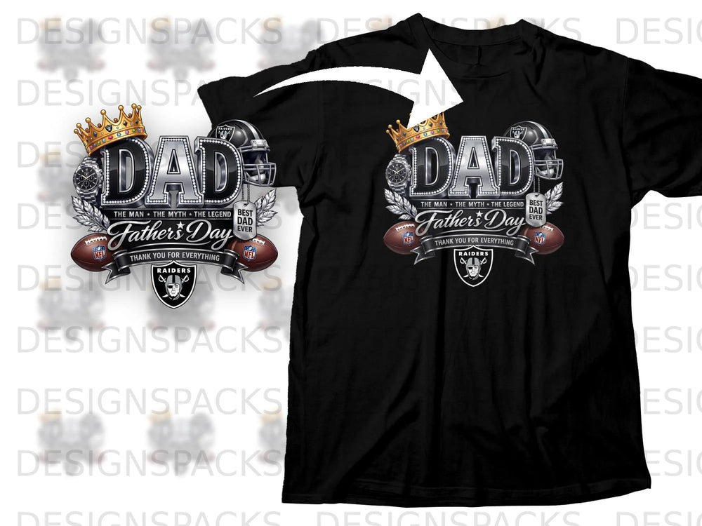 Black t-shirt with "DAD" graphic celebrating Father's Day and Raiders football theme.