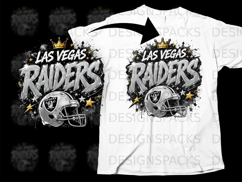 Las Vegas Raiders graphic with helmet and crown on white t-shirt.