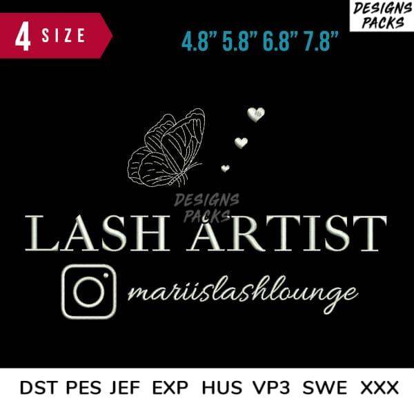 Lash Artist logo with butterfly and hearts, embroidery design in DST PES formats