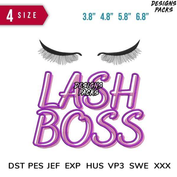 Lash Boss embroidery design with 4 sizes, DST PES JEF formats, bold purple text & eyelash graphic