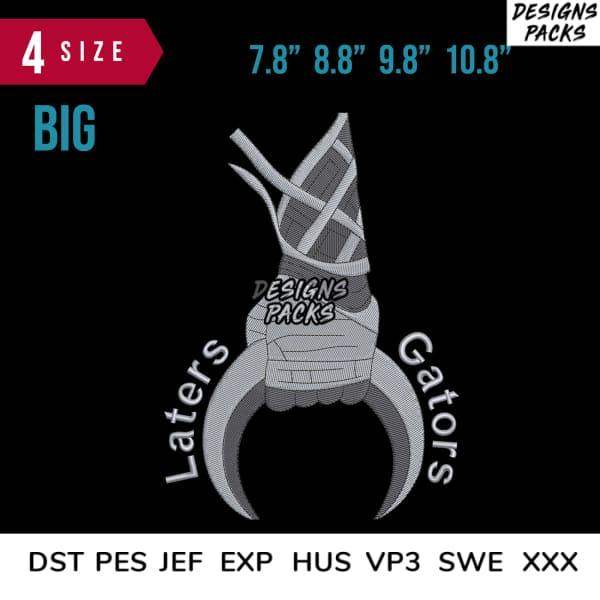 Embroidery design of alligator jaw with 'Laters Gators' text, 4 sizes, DST PES JEF formats