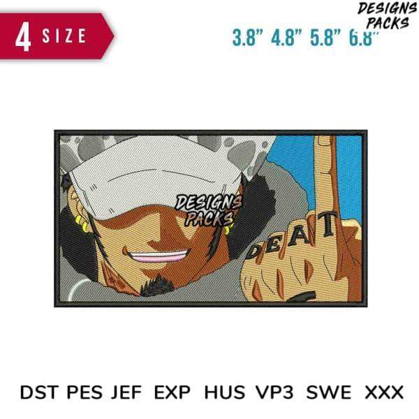 Embroidery design of anime character with 'DEAT' tattoo, 4 sizes, DST PES JEF formats