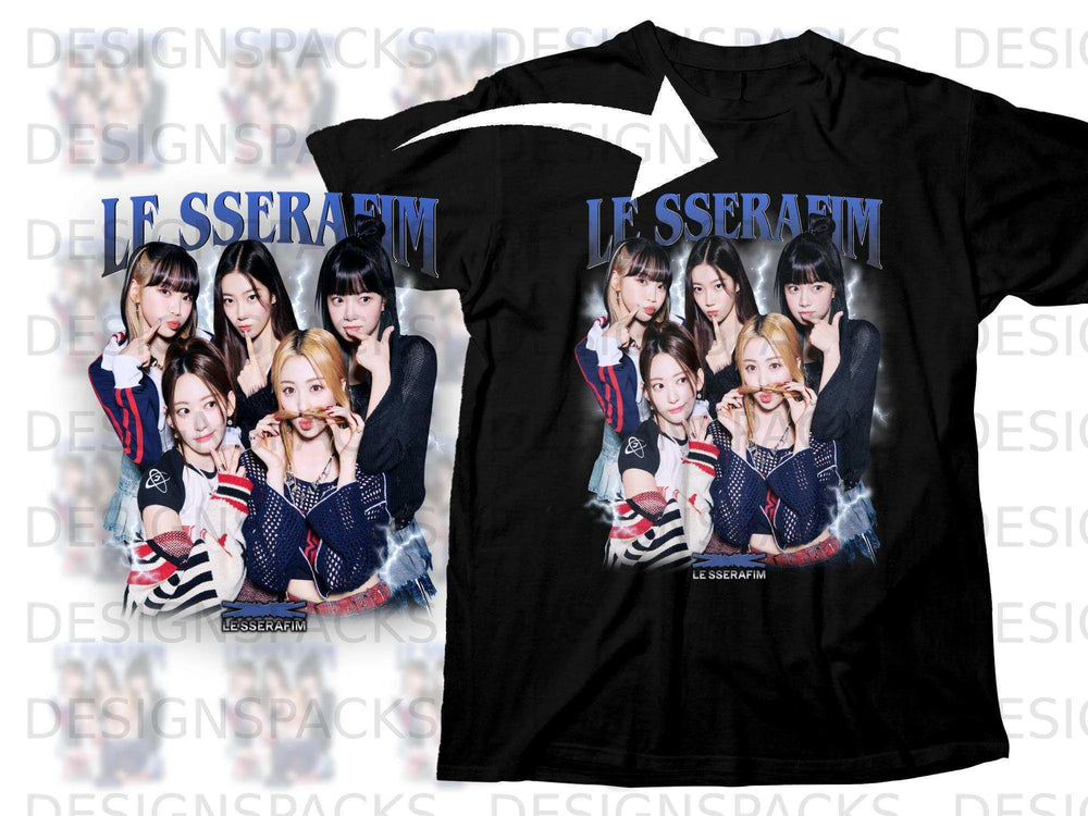 Black t-shirt featuring K-pop group LE SSERAFIM posing with playful mustaches.