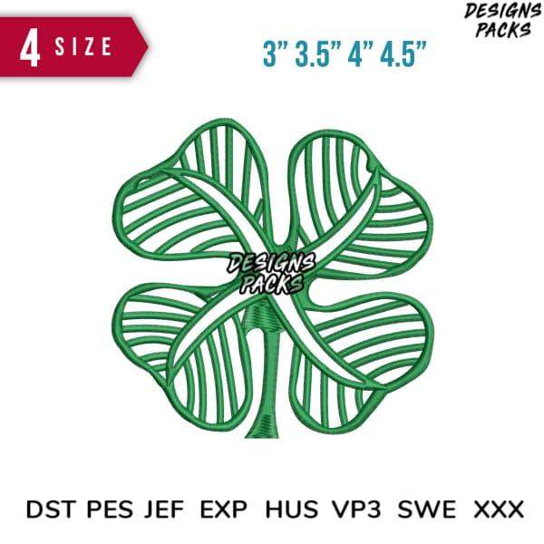 Green four-leaf clover embroidery design in multiple sizes, available in DST, PES, JEF formats