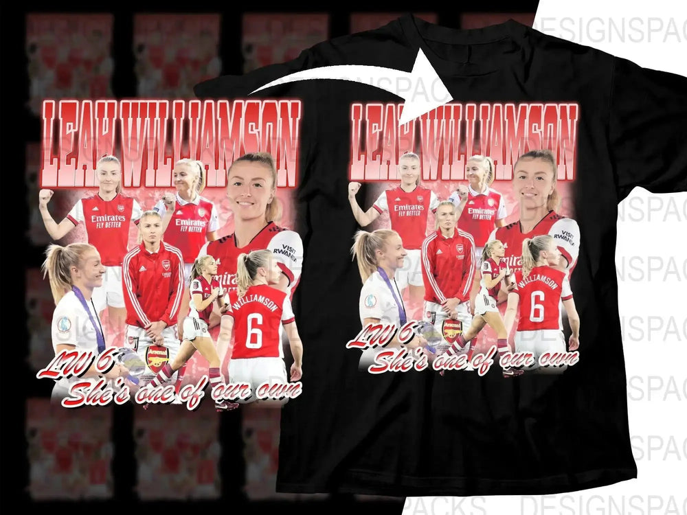 Leah Williamson soccer fan t-shirt design with Arsenal graphics, DTF/DTG print-ready PNG