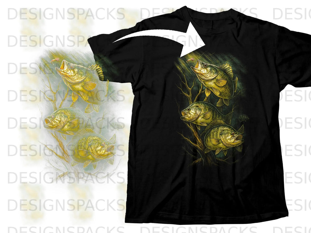 Black t-shirt featuring a graphic of four bass fish with a fishing lure.