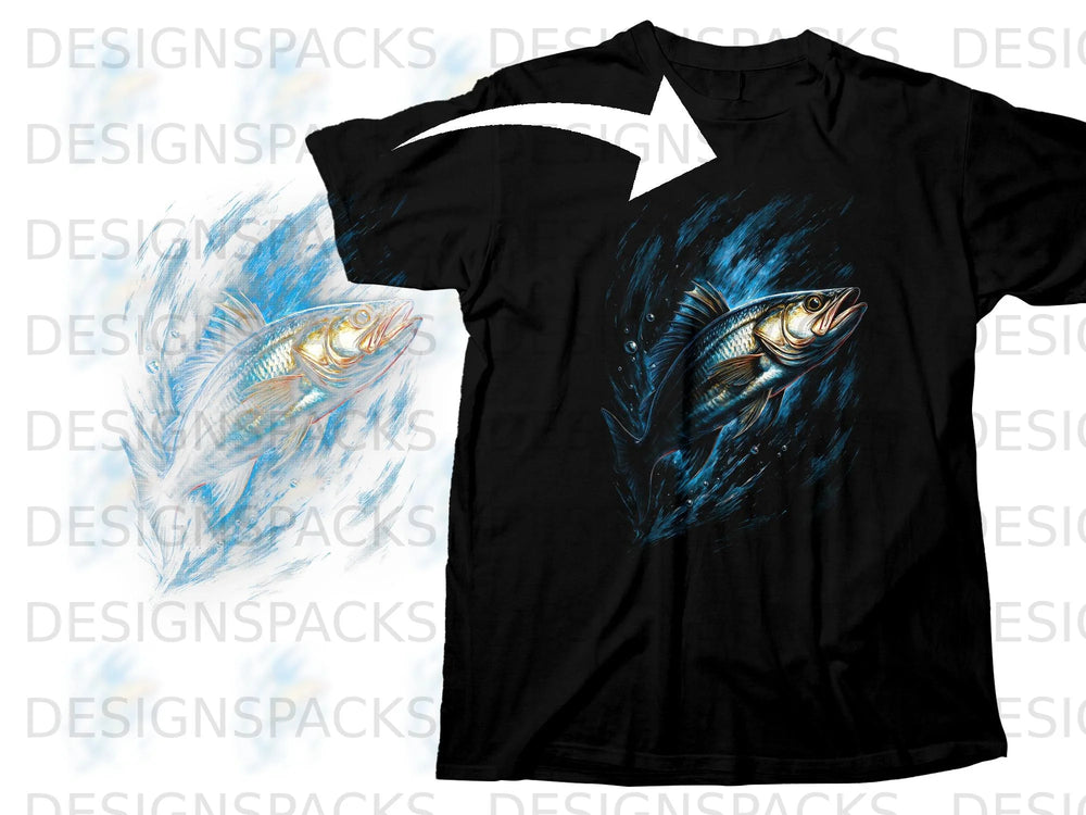 Black t-shirt with a graphic of a fish splashing through blue water.