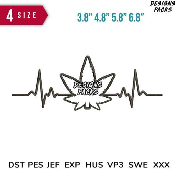 Cannabis leaf heartbeat design in 4 sizes, compatible with DST PES JEF formats for embroidery