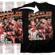 Charles Leclerc 16 F1 race car and checkered flags graphic t-shirt design.