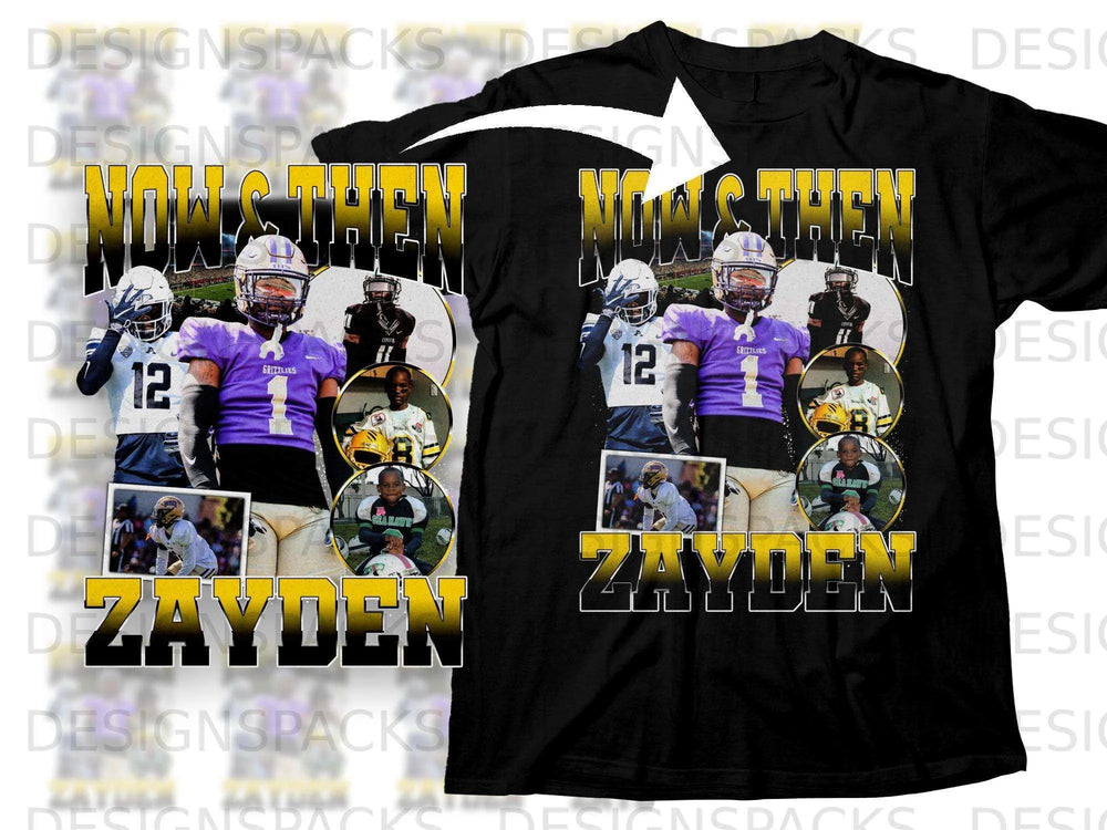 T-shirt featuring a football player, "NOW THEN ZAYDEN" text, and team graphics.