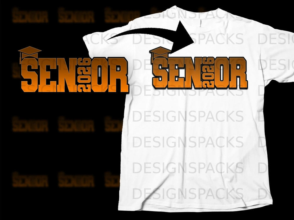 White t-shirt graphic with "SENIOR 2026" text and graduation cap.