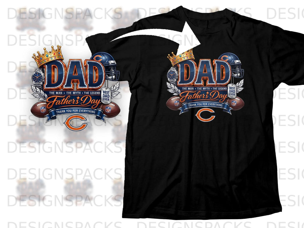 Black t-shirt with "DAD" graphic celebrating Father's Day with football elements.