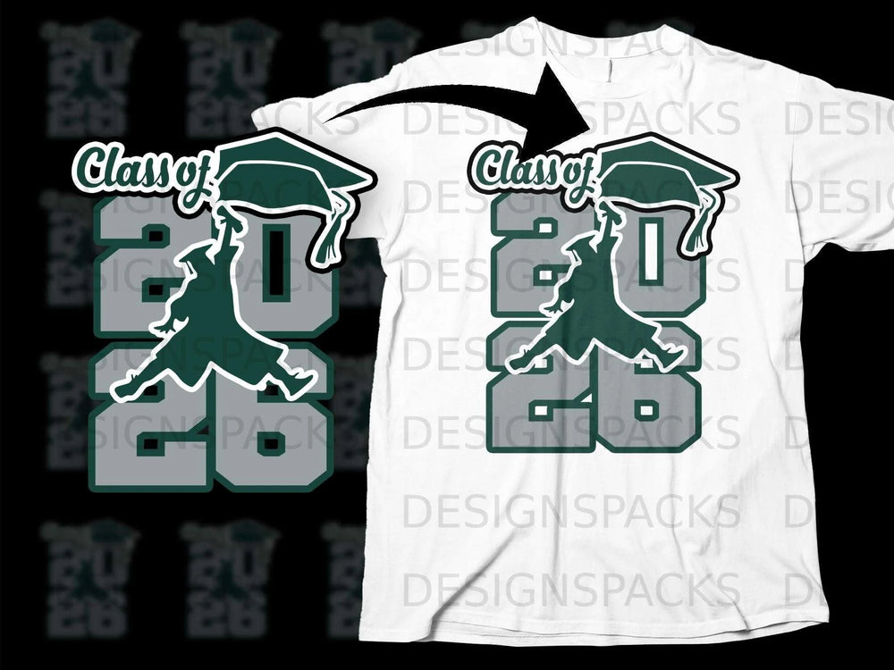 Green and gray "Class of 2026" design with a graduation cap and figure on a white t-shirt.