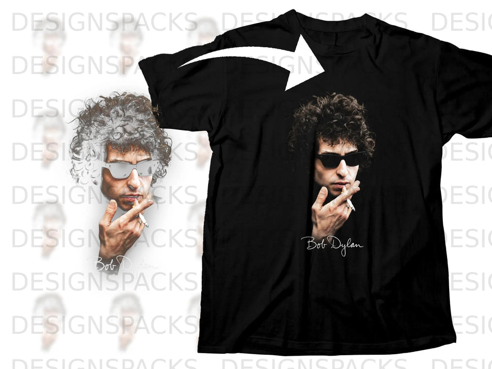Black t-shirt with a black and white portrait of Bob Dylan smoking a cigarette.