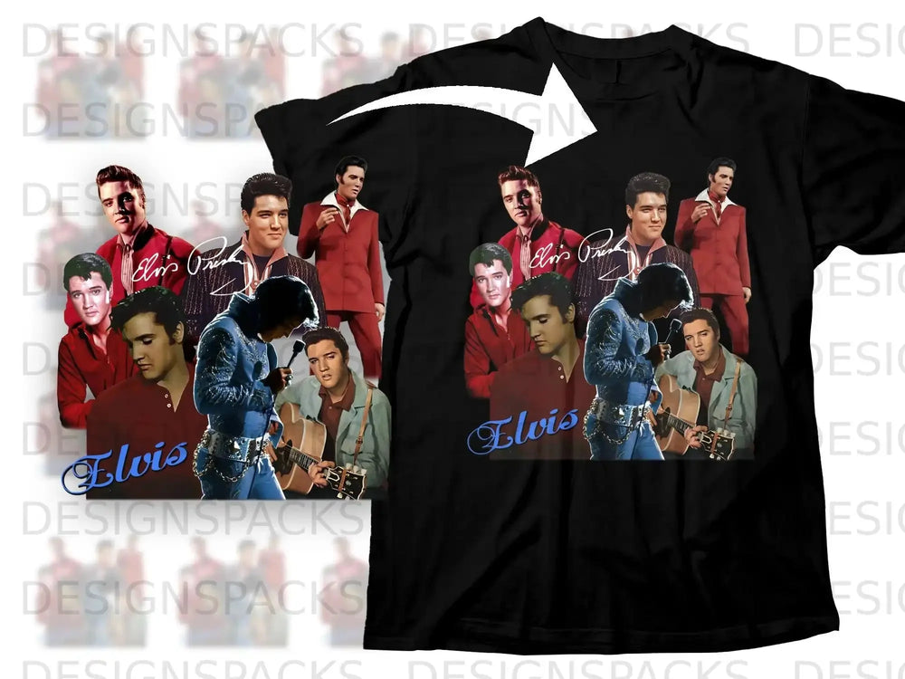 Black t-shirt with repeating collage of Elvis Presley graphics.