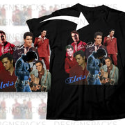 Black t-shirt with repeating collage of Elvis Presley graphics.