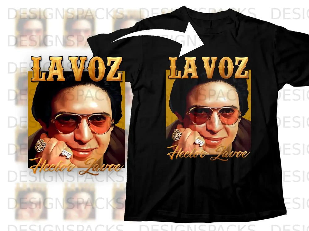Black t-shirt with "El Lavoz" graphic of Hector Lavoe wearing sunglasses and rings.