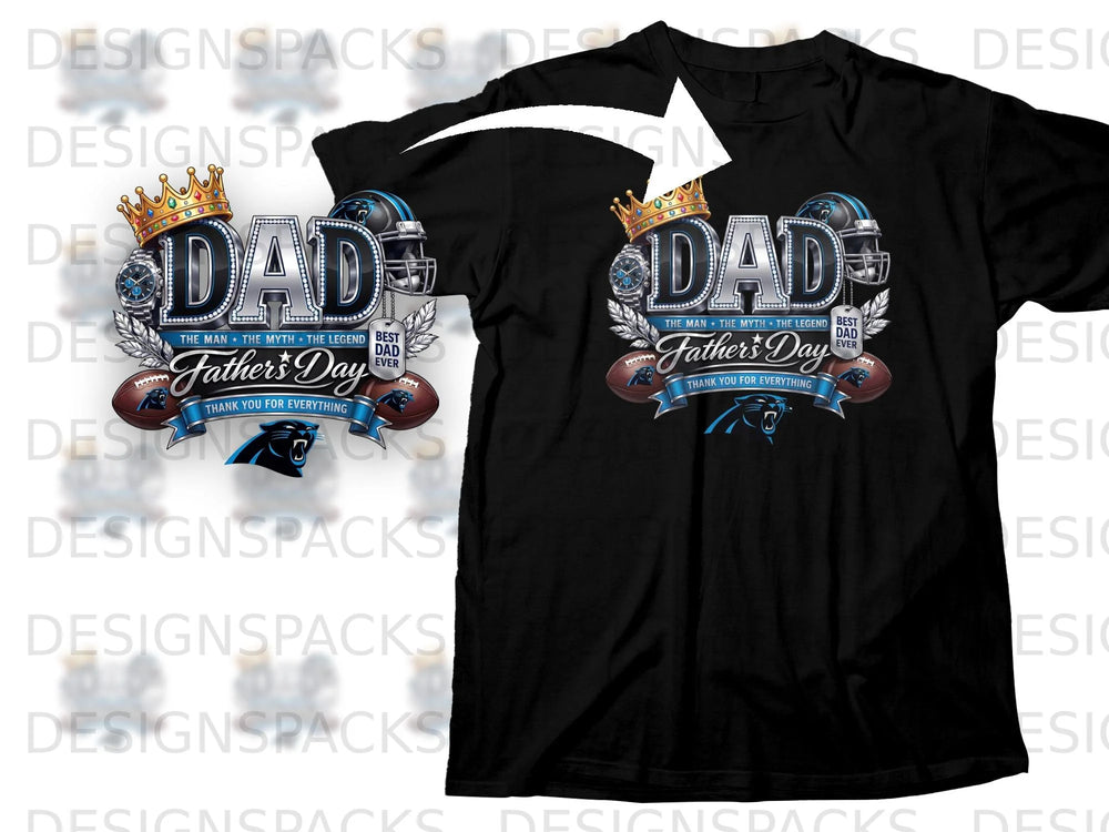 Black t-shirt with "Dad The Man The Myth The Legend Father's Day" design.