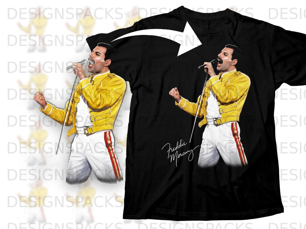 Black t-shirt with graphic of Freddie Mercury in yellow jacket and white pants.