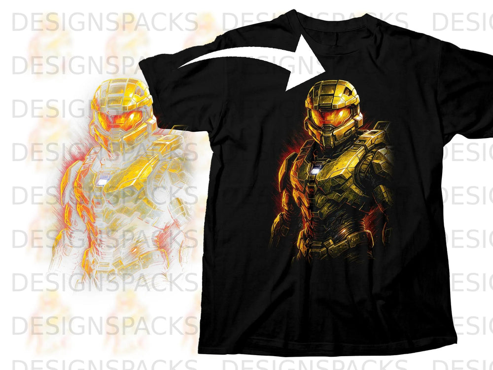 Black t-shirt featuring a golden armored figure with glowing orange visor and accents.