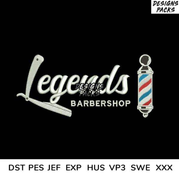 Legends Barbershop embroidery design with razor and barber pole, PES DST JEF formats